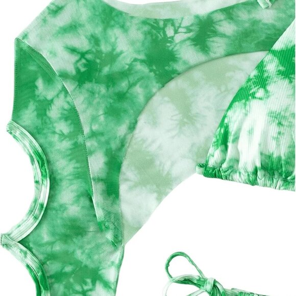 Women's 3 Piece Tie Dye Triangle Bikini Tie Side Halter Swimsuit Monokin with Cu - Picture 5 of 6